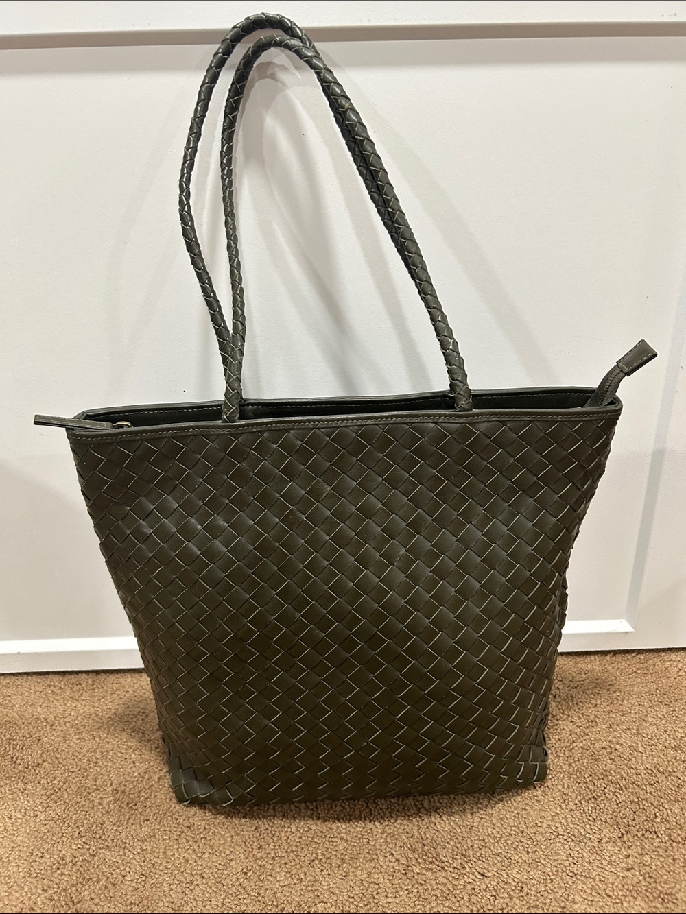 Woven Tote Bag in Olive Green with Braided Handles